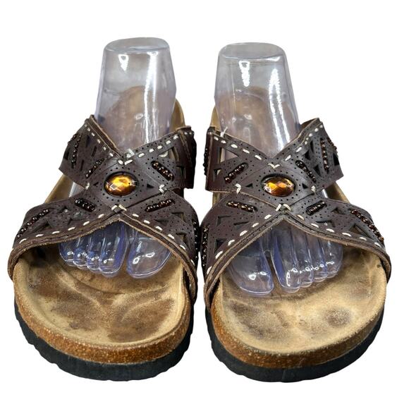 Betula X Birkenstock Unisex Joyce Brown Cross Strap Sandals Size 42 M 9 W 11 - Picture 7 of 10